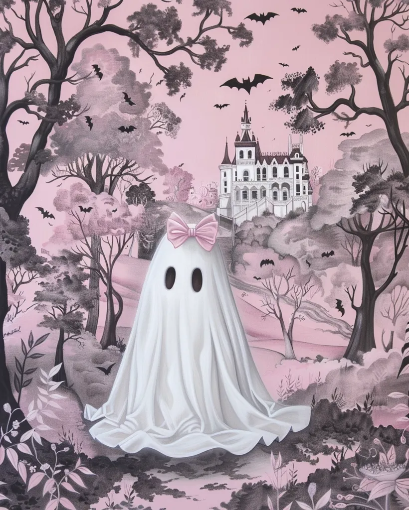 A ghostly figure with a pink bow sits in a forest, its white sheet flowing around it. The trees are in shades of grey, while the background is a soft, pale pink.  A large, white Victorian manor house sits in the distance, with bats flying overhead. The overall tone is one of ethereal whimsy and spooky charm.