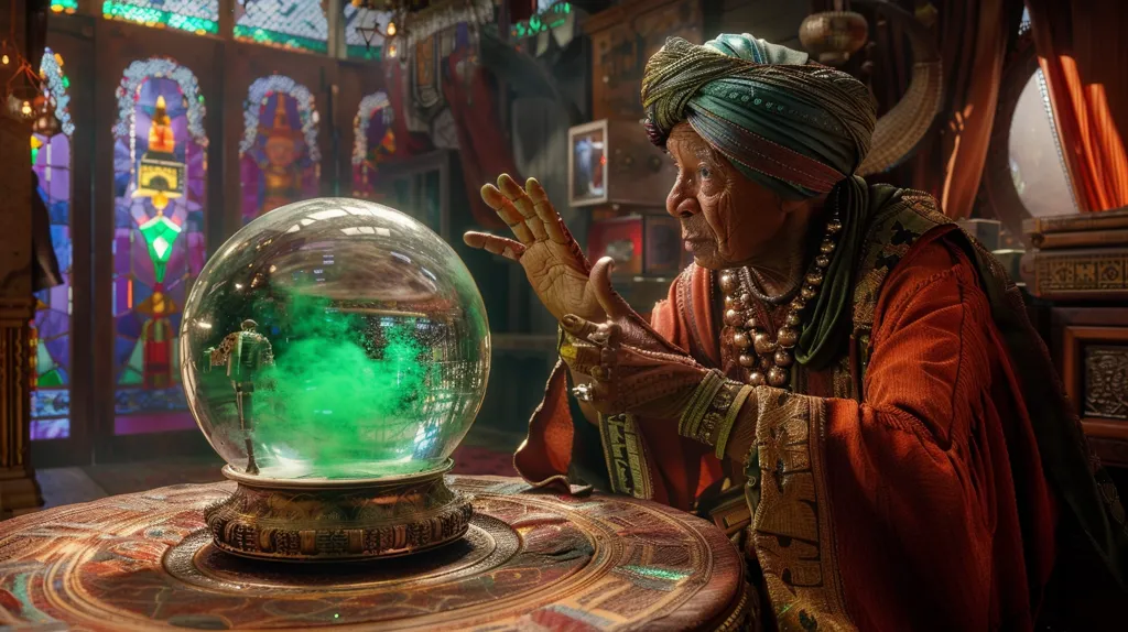 An older woman in a colorful turban and robes sits at a table, her hand outstretched toward a crystal ball filled with swirling green smoke. The room is adorned with ornate decor, including stained glass windows and a wooden chest. The scene evokes a mystical atmosphere, suggesting a moment of divination or prophecy.