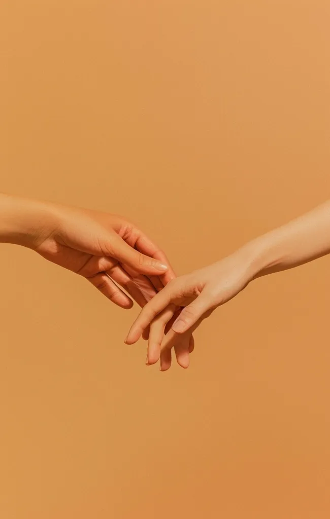Two hands, one on top of the other, reach out towards the viewer against a soft, muted orange background. The hands are positioned in a way that suggests connection and intimacy, with the fingers interlaced. The image is simple and minimalist, creating a sense of calm and tranquility.