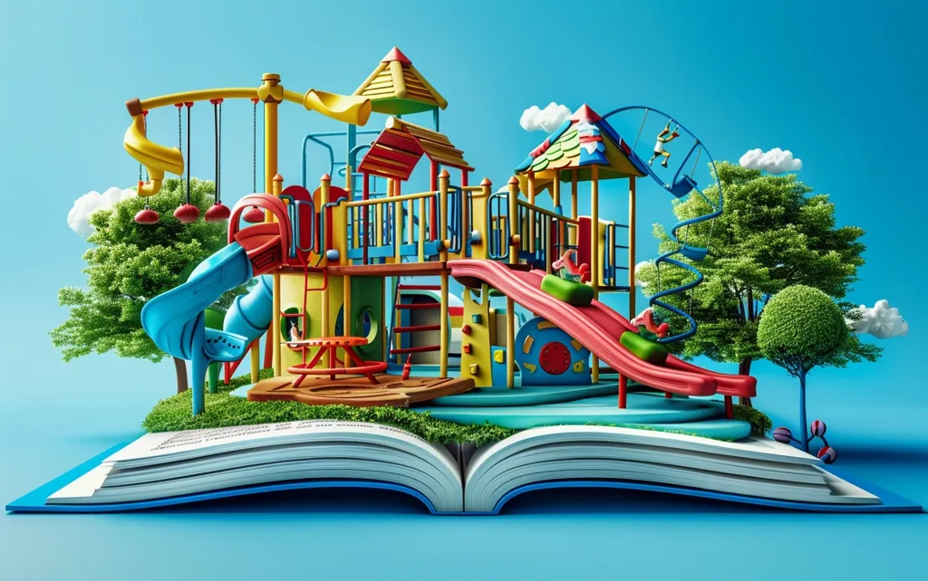 A colorful playground with slides, swings, and climbing structures emerges from the pages of an open book. The playground is surrounded by lush green trees and the book is set against a bright blue sky. It's a whimsical image that suggests the power of imagination and the joy of childhood.