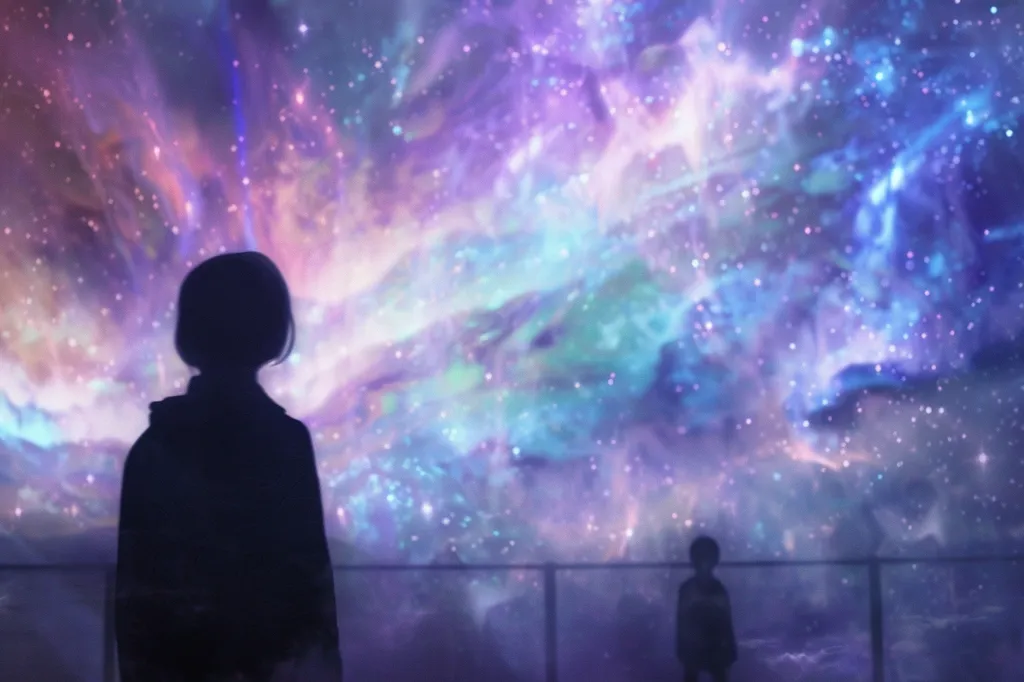 A silhouetted figure, possibly a young woman, stands before a breathtaking display of vibrant, cosmic colors. The sky is awash in shades of pink, purple, blue, and green, resembling a celestial canvas adorned with shimmering stars and nebulae. The scene evokes a sense of wonder and awe, suggesting a moment of reflection or contemplation under a magical night sky.