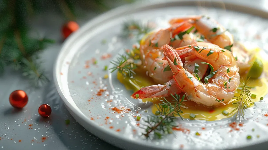 A white plate with a delicious-looking dish of cooked shrimp, garnished with fresh herbs and a bright yellow sauce. The shrimp are plump and juicy, and the sauce looks creamy and flavorful. The plate is set against a backdrop of blurry green foliage, creating a  rustic and inviting scene.  A few red ornaments add a touch of festive color.