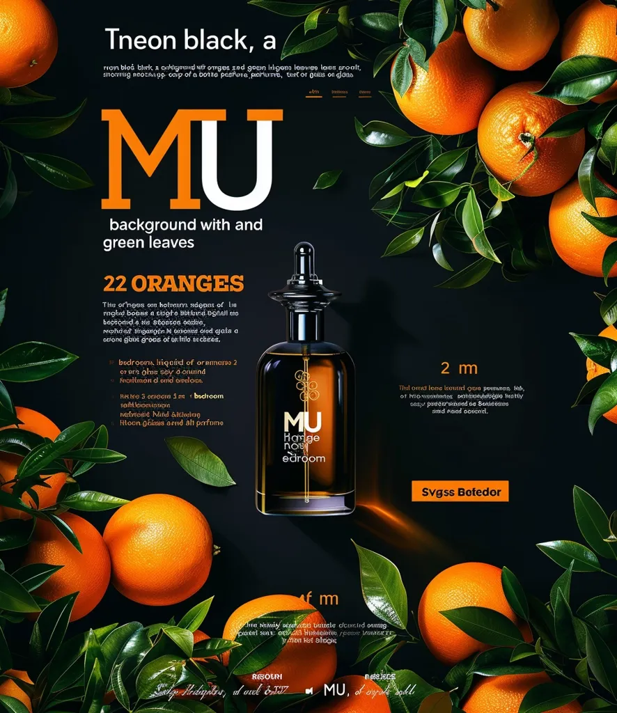 The image is a product advertisement for a perfume called "MU Hange now edroom". The advertisement features a bottle of the perfume in the center, surrounded by oranges and green leaves. The background is black. The text "MU background with and green leaves" and "22 Oranges" are displayed on the top left corner of the image. There are also details about the perfume, such as the size and the scent. The brand name "SvgsS Botedor" is featured in the bottom right corner of the image.