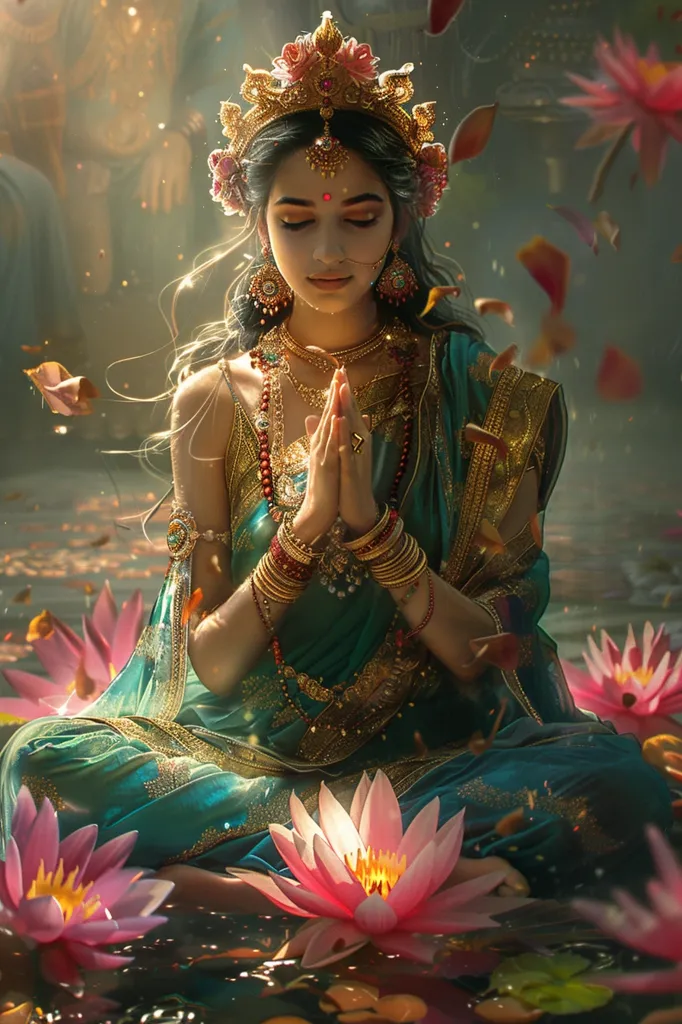 A woman dressed in elaborate gold and turquoise clothing sits in a pool of water, surrounded by pink lotus flowers. Her eyes are closed and her hands are clasped in prayer. The image is bathed in a soft, golden light. The woman's serene expression and the peaceful setting suggest a spiritual or meditative moment.