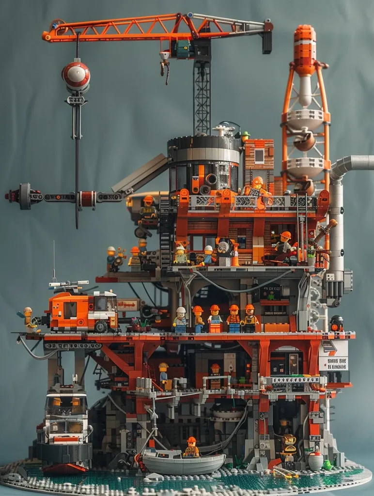 A large and intricate LEGO model of an offshore oil rig, built with a mix of orange and grey bricks. The rig is detailed with numerous platforms, cranes, and a small boat. There are many miniature LEGO figures of workers scattered throughout the model, giving it a sense of scale and activity. The model is set against a plain background, emphasizing its complexity and craftsmanship.