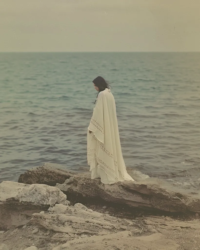 A woman in a long, white gown stands on a rocky shore overlooking a vast, blue sea. The  sky is a muted gray, casting a somber mood over the scene. The woman's head is lowered, creating a sense of introspection or contemplation. The image is a poignant portrayal of solitude and a longing for something beyond the horizon.