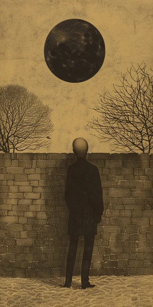 A man stands silhouetted against a brick wall, facing a large, dark orb in the sky. He is alone and the scene is evocative of solitude and mystery. Two bare trees, one on either side of the wall, frame the image. The sky is a pale yellow, giving the image a surreal and dreamlike quality.