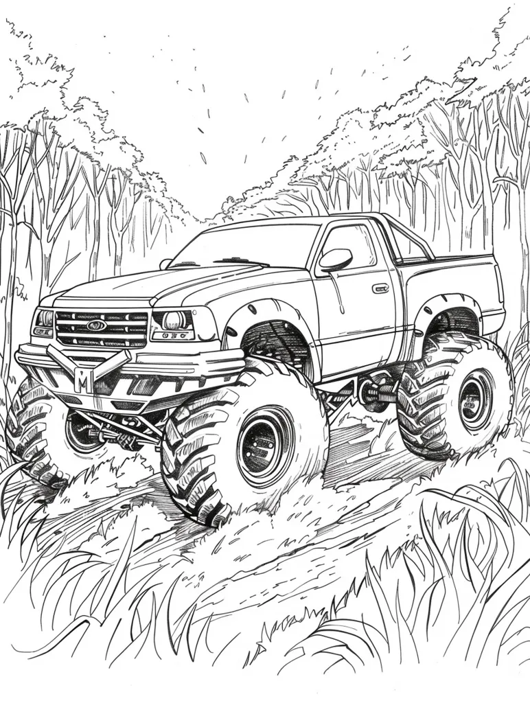 A black and white line drawing of a truck with large tires driving through a forest. The truck is detailed with visible suspension and the front grille. The trees in the background are stylized with simple lines and the ground is covered in grass. The image is likely a drawing for a coloring book.