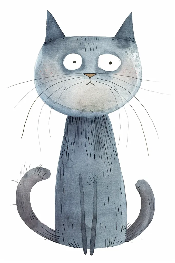 A watercolor illustration of a gray cat sitting with its tail curled around its legs. The cat has large, round eyes and a surprised expression. Its fur is textured with light and dark gray strokes, and its whiskers are long and delicate. The background is white. The illustration is simple and playful, capturing the essence of a curious cat.