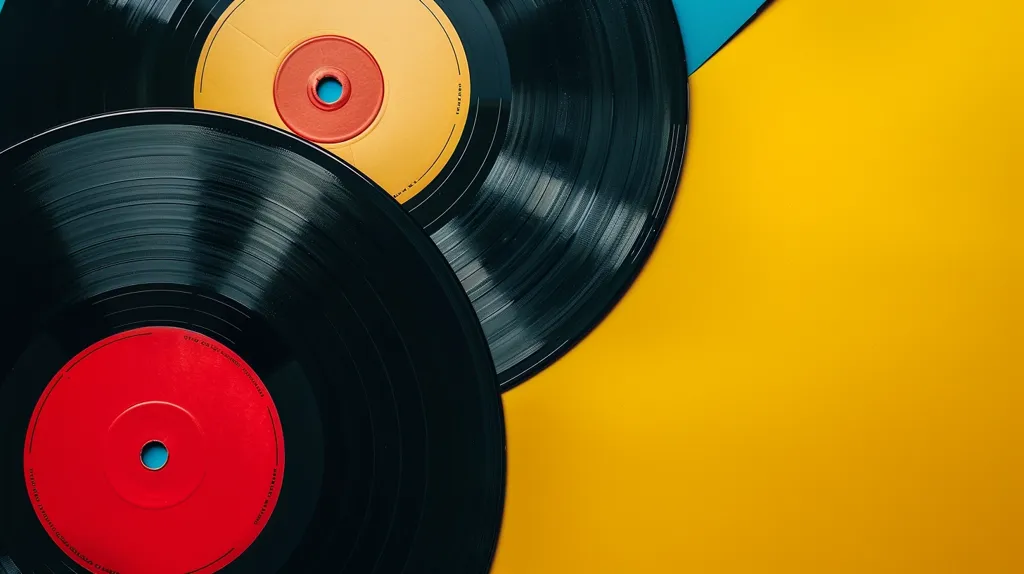 Three vinyl records lie on a bright yellow surface. The record in the foreground is black with a red center, the middle record is yellow with a red center, and the record in the background is partially visible and black. The records are arranged in a semi-circle with the yellow record overlapping the black record in the background.  The photo's color scheme is bright and vibrant, and the records are a symbol of nostalgia and classic music.