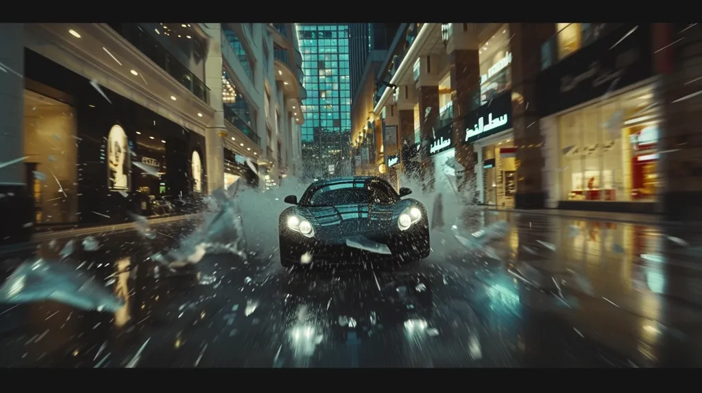 A black sports car speeds through a wet city street, leaving a trail of shattered glass behind it.  The car is blurred by its speed, and the surrounding buildings are out of focus.  The scene is lit by the streetlights and the car's headlights, creating a dramatic atmosphere.  The image conveys a sense of speed and danger.