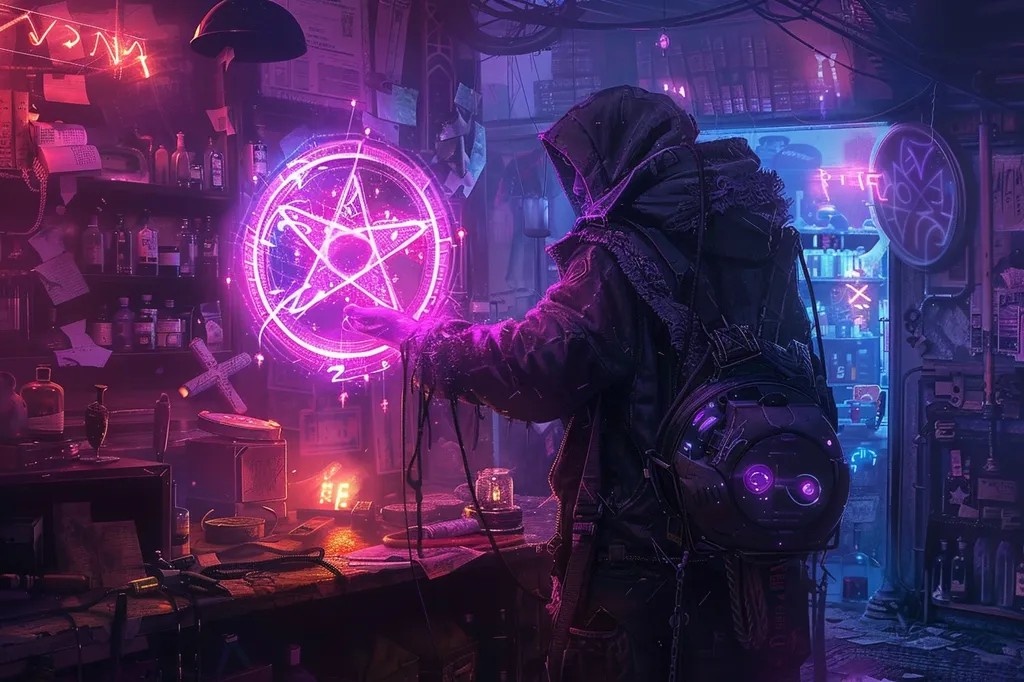 A hooded figure in a dimly lit room, their hand reaching towards a glowing pentagram symbol. The room is filled with various objects, including a shelf with bottles and a workbench with tools. The scene is illuminated by a purple glow, creating an eerie and mysterious atmosphere.