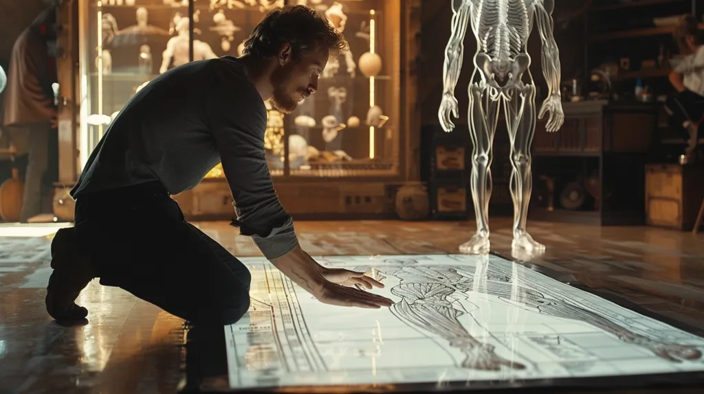 A man kneels on the floor, his hand hovering over a large anatomical diagram projected onto the surface. Behind him, a translucent skeletal figure stands tall, providing context for the intricate details on the diagram. The room is dimly lit, with shelves filled with various objects in the background.