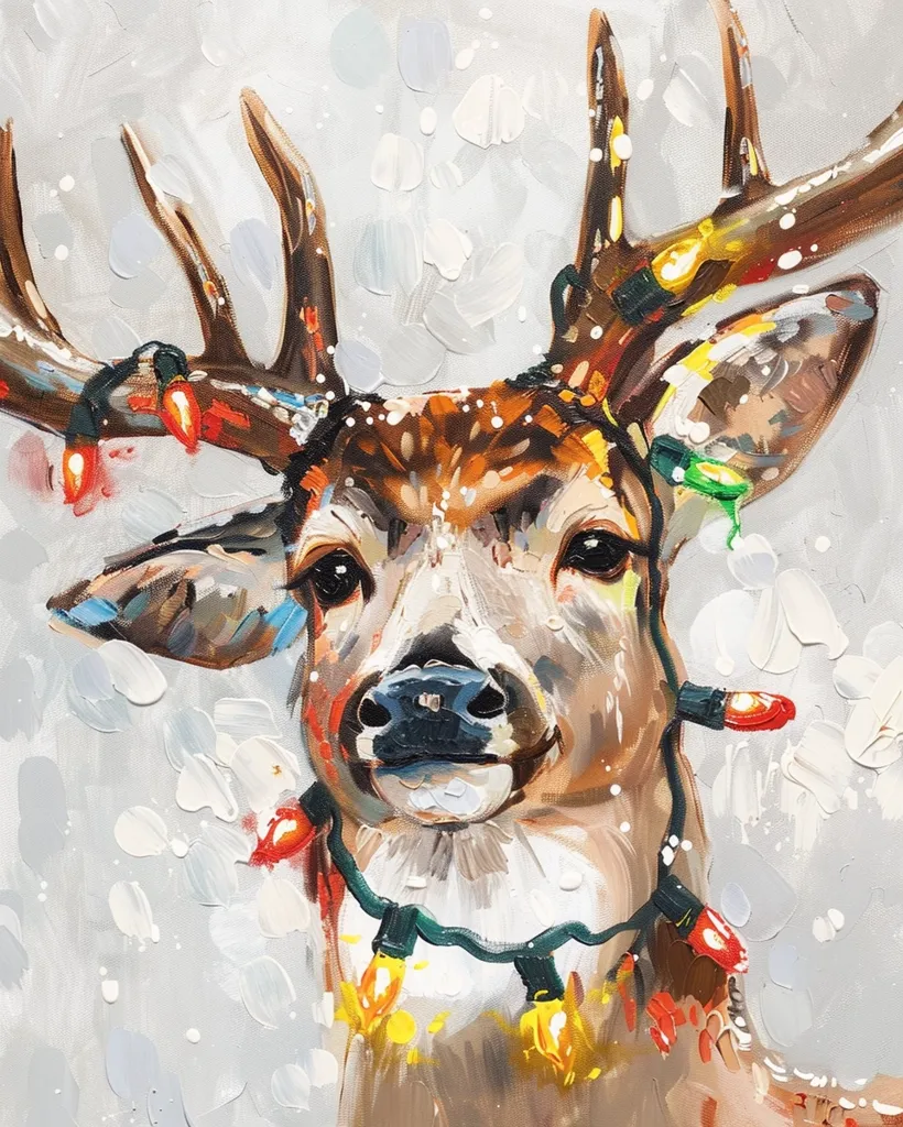 A close-up painting of a deer with large antlers. It is adorned with Christmas lights that are strung around its neck and antlers. The background is a soft gray with white dots, resembling snow. The deer's expression is curious and gentle. The painting is done with bold, expressive brushstrokes, giving it a vibrant and playful feel.