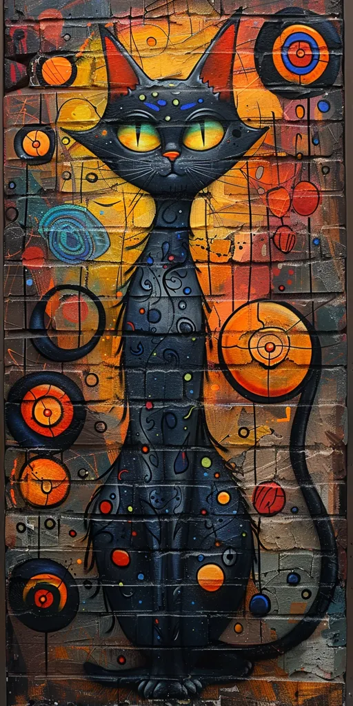 A black cat with large yellow eyes is painted on a brick wall. The cat is facing the viewer, with its tail curled around its body. The background is a colorful abstract design of circles and swirls. The artwork appears to be a street art mural.  The overall effect is whimsical and colorful.