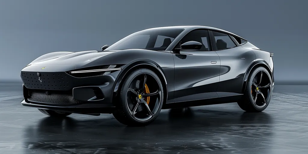 A sleek, black Ferrari SUV with a distinctive front grille and large, black wheels with yellow brake calipers. The car is parked on a dark, reflective surface, creating a sense of speed and power. The lines of the car are sharp and angular, with a sloping roofline and a muscular rear end. The overall effect is one of luxury and performance.