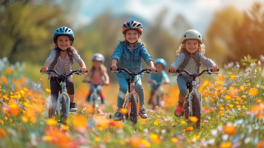 Four children, wearing helmets, ride their bikes through a field of wildflowers. The children are all smiling and appear to be enjoying their ride. The flowers are in bloom and the sun is shining brightly, creating a beautiful and happy scene.
