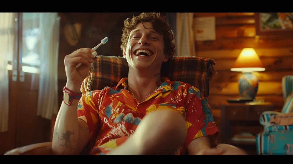 A young man sits in a chair in a rustic cabin. He is wearing a red, yellow, and blue Hawaiian shirt and holding a toothbrush. He laughs heartily, his teeth showing. The interior is warm and inviting with wood paneling and a lamp casting a soft glow.  He looks relaxed and carefree, enjoying his time in the cabin.