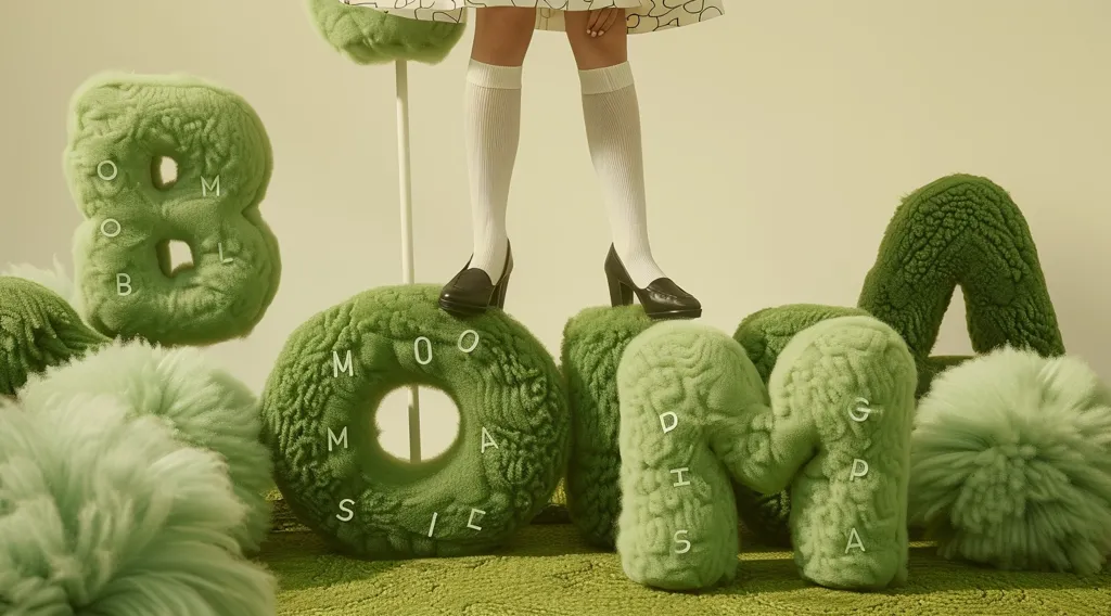 A young woman stands on large, fluffy, green letters spelling out "BOOM DIES" in a whimsical setting. The letters are arranged in a semicircle, and the woman is wearing white socks and black heels. The background is a soft, creamy yellow.  The letters are fuzzy and have a slightly uneven texture. The overall effect is playful and whimsical.