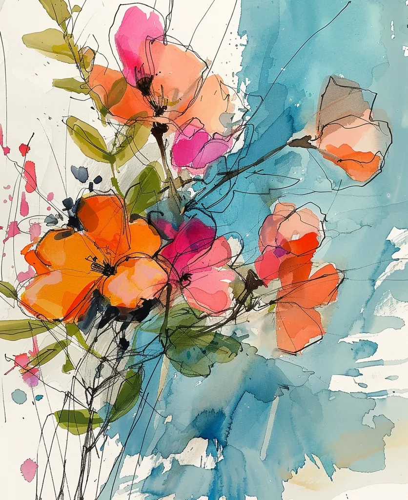 A watercolor painting of vibrant flowers in shades of pink, orange, and red, rendered with loose, expressive brushstrokes. The flowers are set against a background of a wash of blue, suggesting a bright summer sky. The painting evokes a sense of energy and freedom with its bold color choices and abstract style.