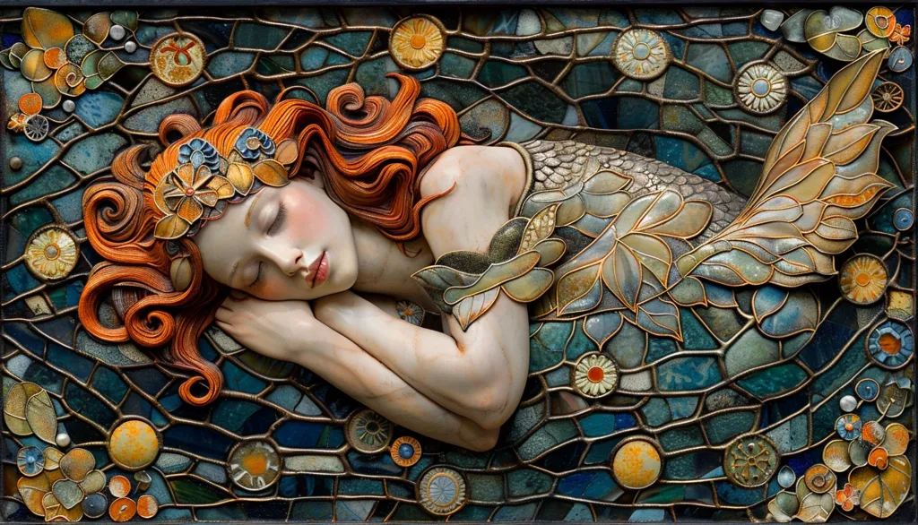 A woman with long, flowing red hair lies asleep on a bed of mosaic tiles. She wears a leafy, golden garment and her eyes are closed.  The mosaic background is composed of various shapes and colors, with a focus on blue and gold tones. The image is highly detailed and evocative, suggesting a sense of tranquility and beauty.