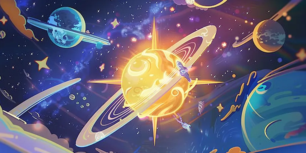 The image depicts a whimsical, cartoonish depiction of a solar system. A large, glowing yellow sun with a ring system is the central focus, surrounded by smaller planets and stars. The sky is a vibrant blue with purple hues, and the planets are all unique and colorful. The image suggests a playful and fantastical interpretation of space.