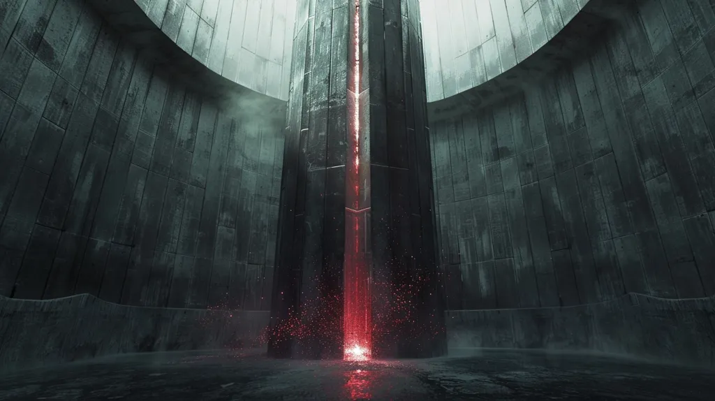 The image shows a dark, futuristic chamber with a large, vertical, metal structure in the center. The structure is divided into sections by vertical lines, and a red light shines from a gap in the center. The chamber is surrounded by concrete walls with a slight curve. The red light illuminates the floor and creates a mysterious atmosphere.