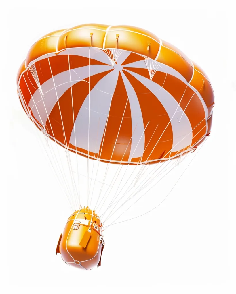 A bright orange and white parachute with thin white cords is suspended in mid-air. The parachute is open and the canopy is filled with air, creating a rounded shape. A small, orange, rounded capsule hangs from the bottom of the parachute, likely designed for carrying cargo or a person. The parachute is isolated against a white background.