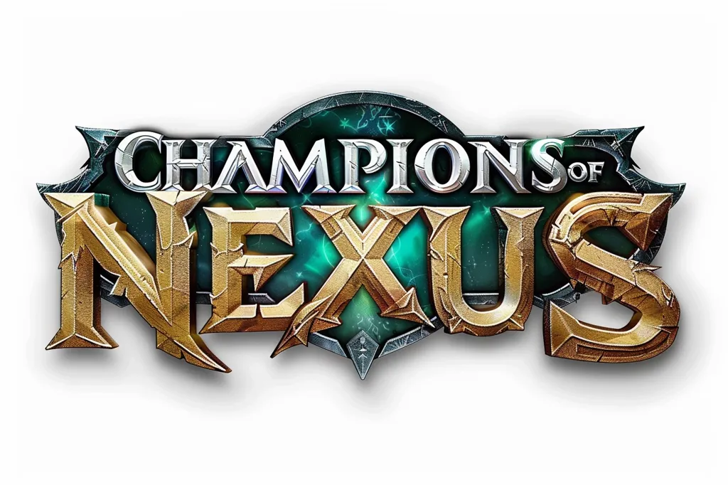 The image shows a logo for the game "Champions of Nexus". The logo is in a 3D style, with the word "Nexus" in bold, golden letters with a textured, rocky surface. The word "Champions" is in silver lettering above "Nexus" and "of" is in a small, stylized font between the two words. The background behind the letters is a deep green with swirling patterns. The logo is set against a white background.