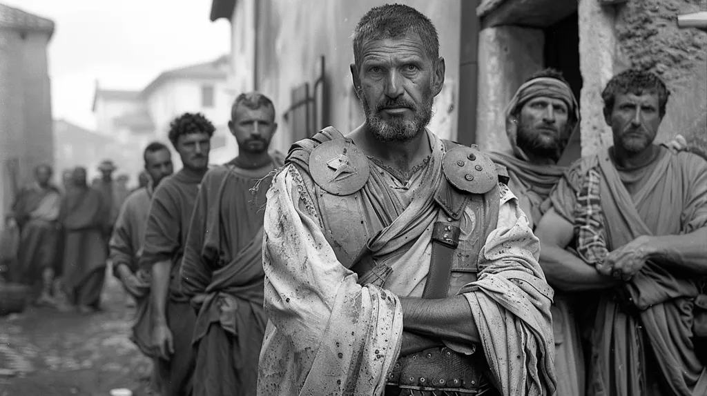 A man in Roman garb stands in a street with his arms crossed, looking out towards the camera.  He is surrounded by other men in similar clothing.  They stand in a crowd, with many more people in the background, likely in the midst of a procession. The black and white image gives the scene a timeless quality.