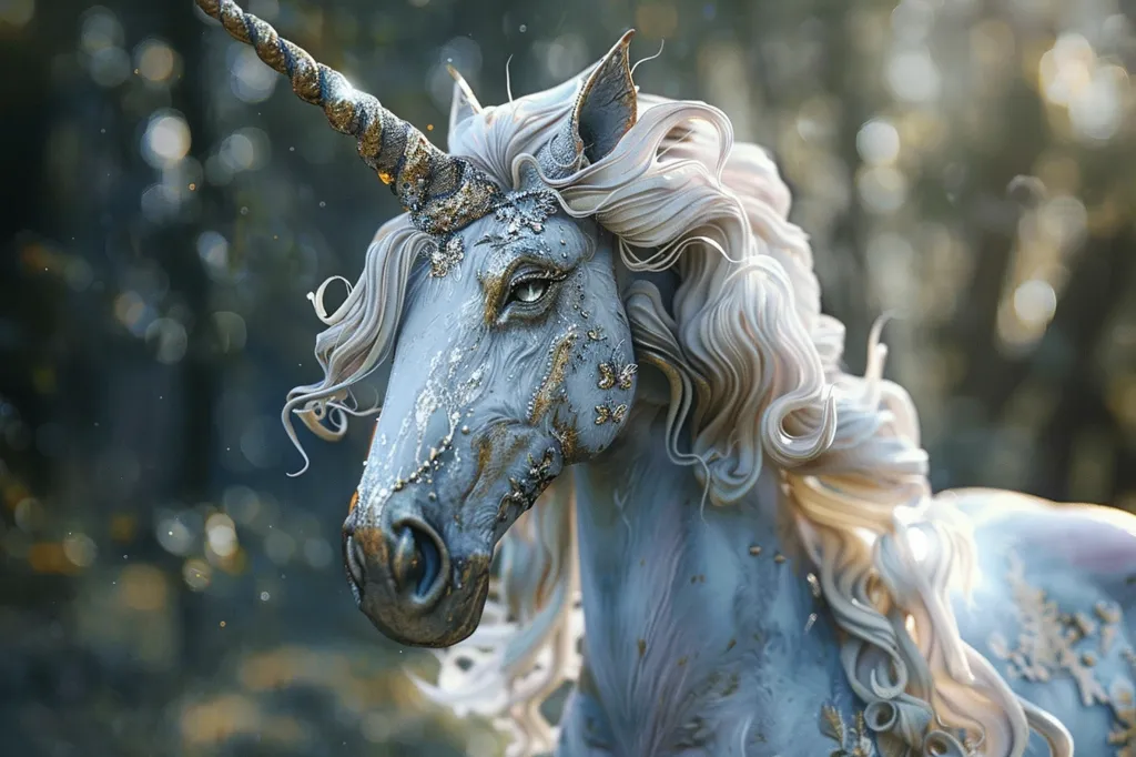 A majestic unicorn with a long, flowing mane and tail stands in a sunlit forest. Its coat is a shimmering blue with delicate gold accents, and its horn is spiraled and adorned with intricate details. The unicorn's eyes are large and expressive, as if it is watching something with wonder.  The background is soft and out of focus, creating a dreamy and magical atmosphere.  The unicorn is a symbol of purity, grace, and beauty.