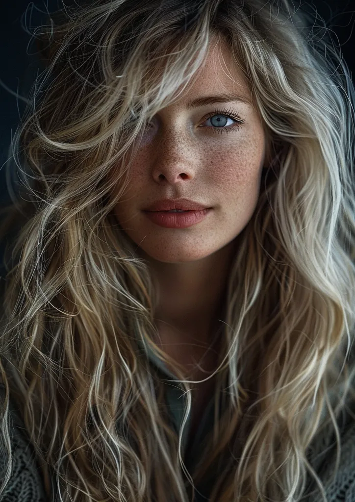 A young woman with long, wavy blonde hair looks directly at the camera. Her face is covered in freckles, and her blue eyes are highlighted by the light.  She has a soft, natural look, with her hair falling around her face and shoulders. The background is out of focus, drawing attention to her features.  She appears to be confident and alluring.
