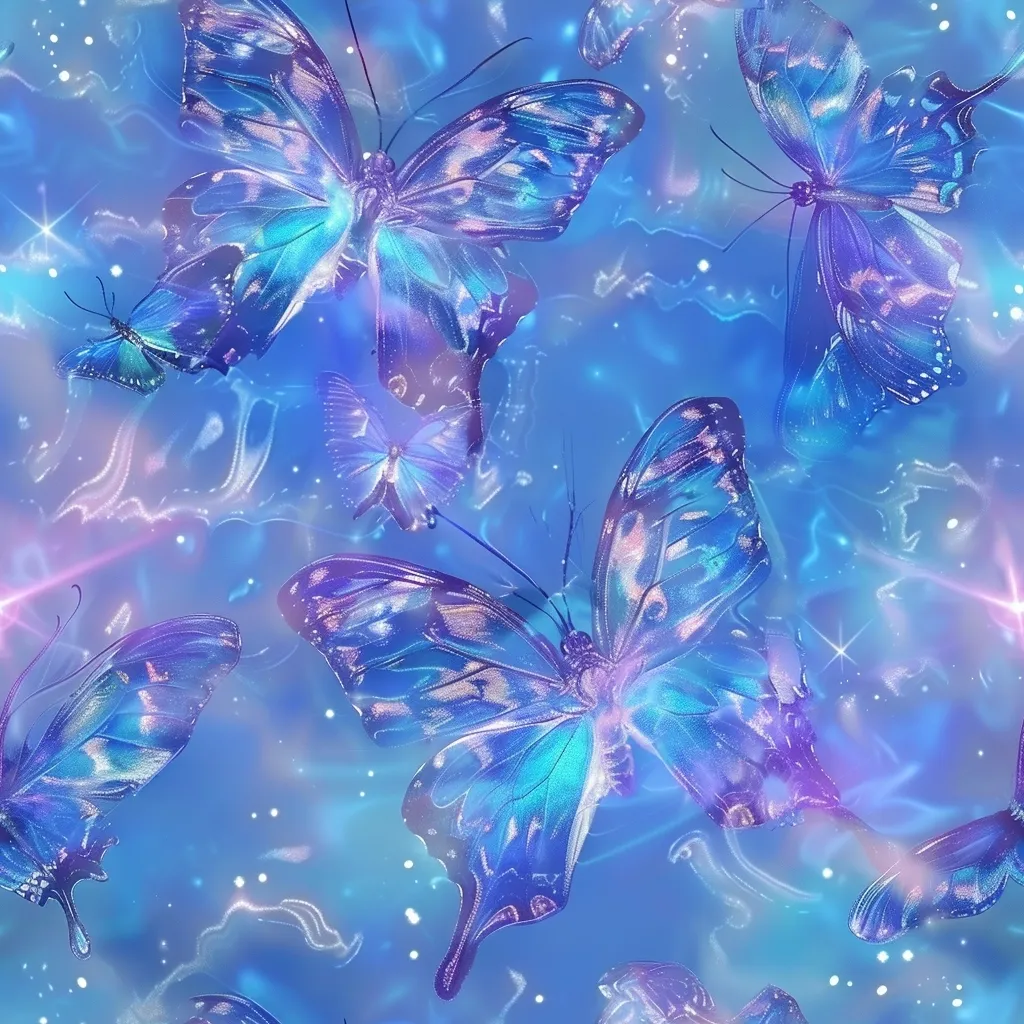 The image features a beautiful, abstract background of swirling blue and purple hues with twinkling stars. Multiple blue butterflies with iridescent wings are scattered throughout the image.  The butterflies are positioned in various directions, creating a sense of movement and whimsy. The overall effect is dreamy and magical.