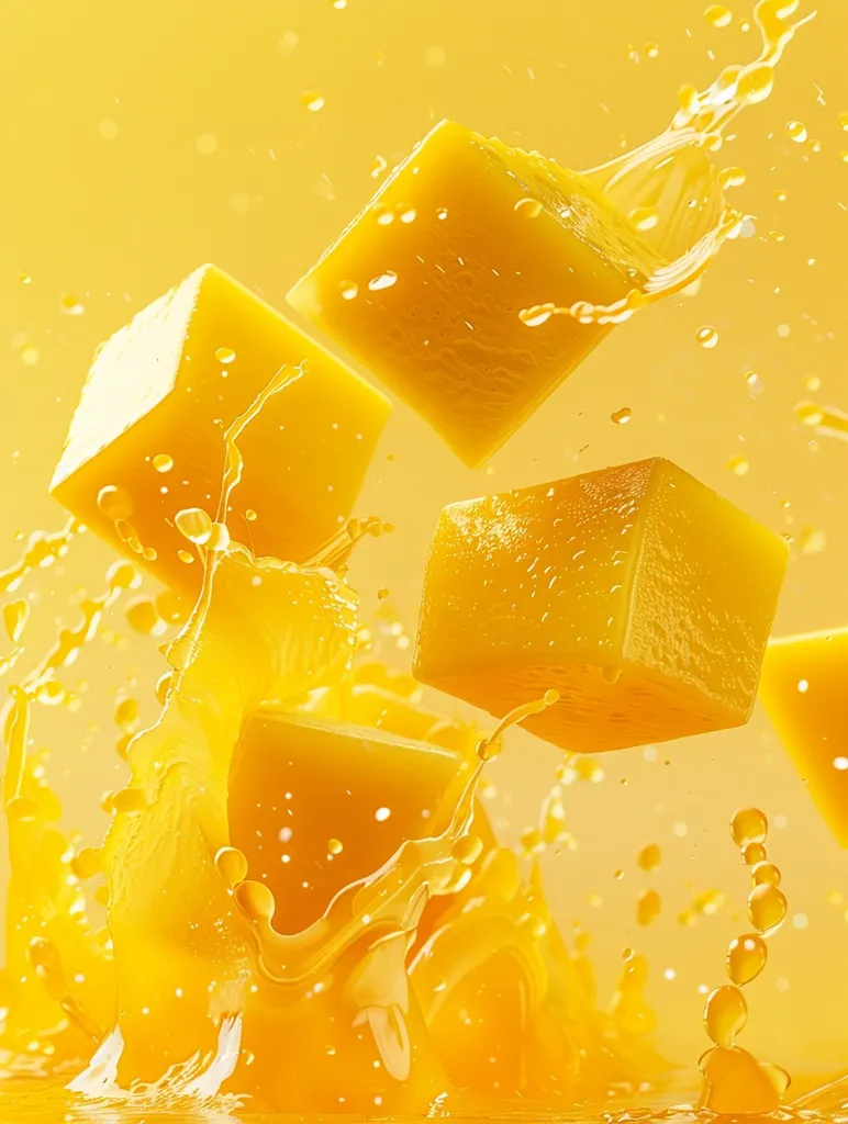 Four square-shaped, bright yellow objects fall into a pool of orange liquid. A large splash of the liquid erupts from the pool as the objects fall. The background is a light, blurred yellow. The objects appear to be made of fruit or a fruit-based product.