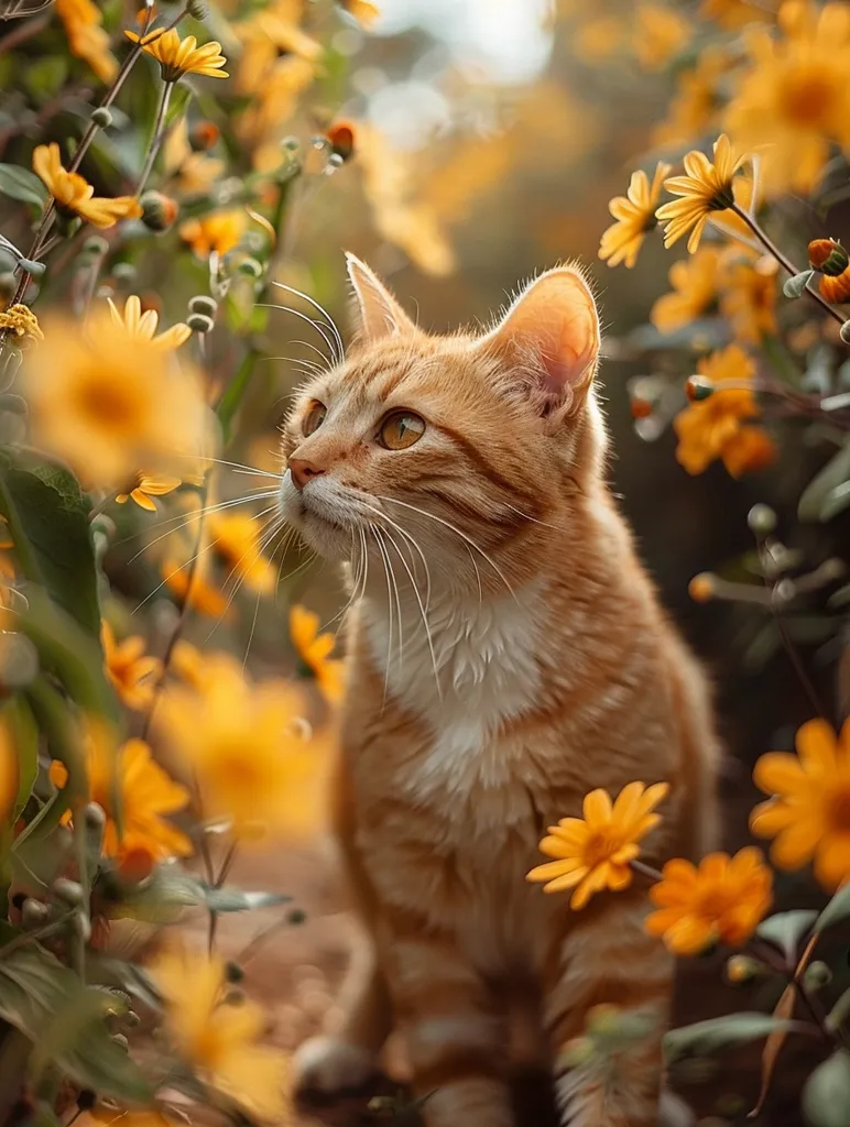 A ginger cat with white chest fur sits amidst a field of bright yellow wildflowers. The cat has its head tilted upwards, with its eyes open and its whiskers prominent. The background is a blur of yellow and green, creating a soft and dreamy atmosphere. The scene evokes a sense of tranquility and the beauty of nature.