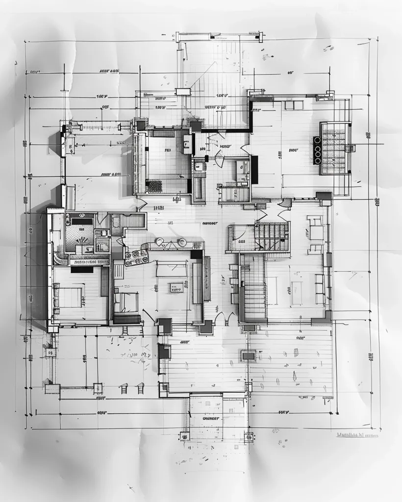 A black and white blueprint of a house floor plan with hand-drawn annotations. The plan shows different rooms, including a kitchen, living room, dining room, and several bedrooms. There is also a staircase, a fireplace, and a patio. The paper is crumpled and has a vintage, faded look.  The drawing is detailed with measurements, room names, and notes.