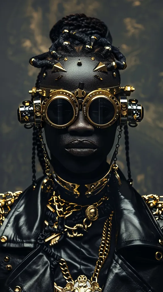 A person with dark skin and elaborate braided hair is wearing a black leather jacket, gold chains, and large gold-rimmed goggles. The person has a serious expression and their face is partially obscured by the goggles. The background is a dark, textured surface. The overall style is futuristic and edgy.