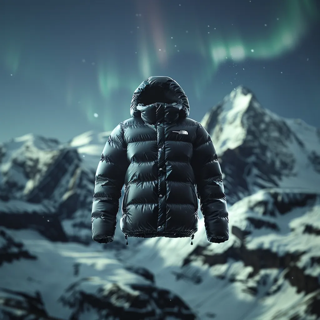 A dark blue puffer jacket with a hood is floating in the air against a backdrop of snow-covered mountains and a hazy, vibrant green aurora borealis. The jacket is made of a shiny, water-resistant material and has a zipper closure and snap buttons. The North Face logo is visible on the left chest.  The image conveys a sense of warmth, protection, and adventure.