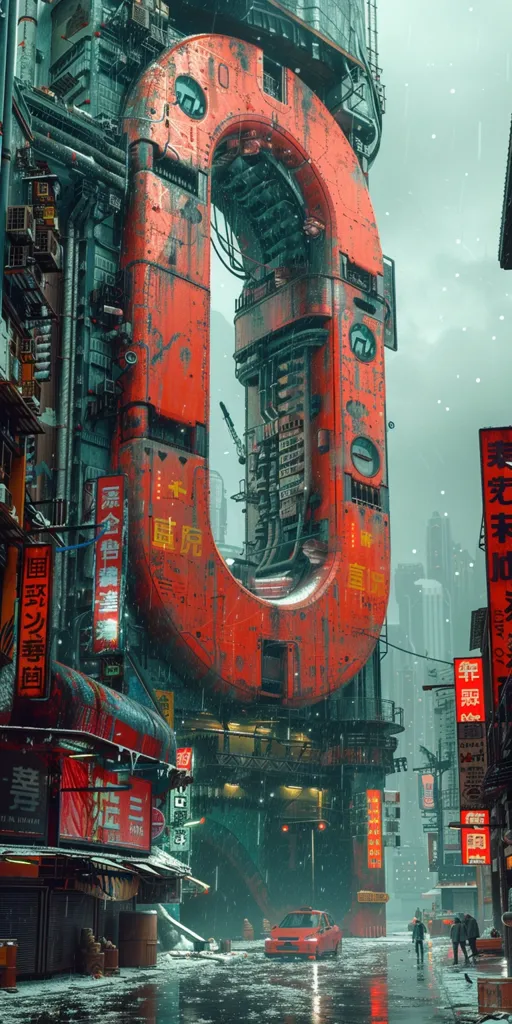 A futuristic cyberpunk city street with a large red and grey building in the center. The building is shaped like a U and has many windows and pipes. There are other buildings in the background and a car is driving down the street. The street is wet and there is snow falling. The scene is lit by neon signs and the sky is overcast. The image is rendered in a stylized and detailed manner, creating a sense of depth and atmosphere.
