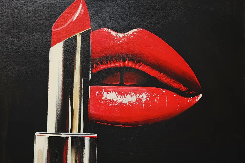 A vibrant red lipstick stands upright against a black backdrop. The lipstick's cap is open, revealing the red bullet. Beside it, a pair of full, glossy lips, also painted in a vibrant red, are slightly parted, suggesting sensuality and allure.  The image is a bold, graphic representation of beauty and femininity.