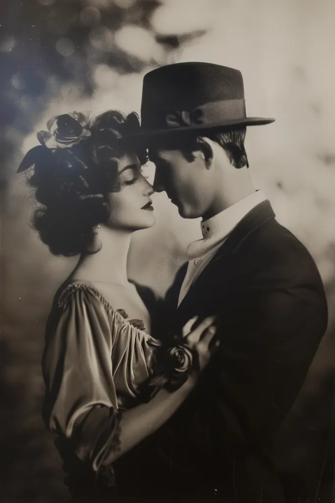 A black and white photograph of a couple looking into each other's eyes. The woman is wearing a dress with a flower on her hair and the man is wearing a suit and hat. They are close together and appear to be in love. The image is faded and has a vintage feel.
