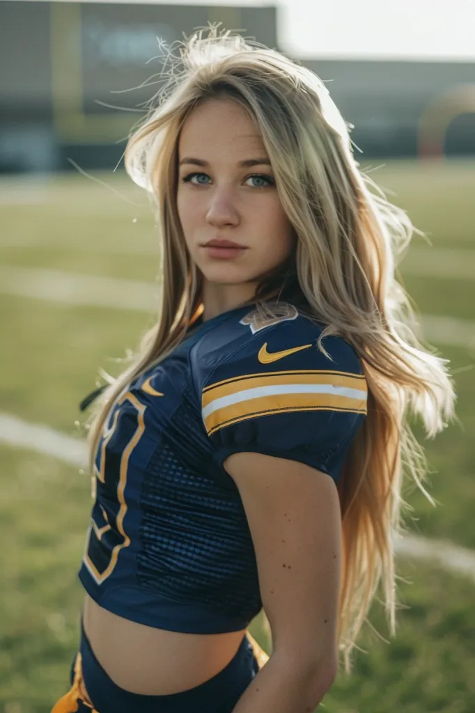 A young woman with long blonde hair is wearing a blue and gold football jersey. She is standing on a field with green grass, looking over her shoulder at the camera with a serious expression. The jersey has a Nike swoosh logo on the shoulder and a number on the front.  The sun is shining on the woman, highlighting her features and long hair. She appears to be a confident and athletic individual.