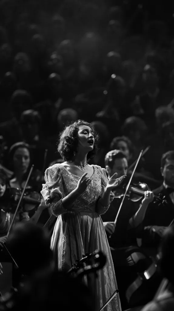 A woman in a sparkly dress sings into a microphone while standing in front of an orchestra. The image is in black and white, and the woman is the main focus. She has her hair pulled back and is wearing a simple necklace. The orchestra is blurred out in the background, suggesting that she is the star of the show.  The image captures the emotion and passion of live music.