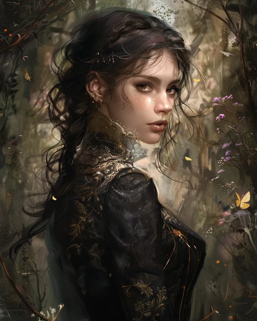 The image depicts a young woman with long, dark hair, wearing a black and gold embroidered dress. She stands in a forest setting, with foliage and flowers surrounding her. Her eyes are brown, and she has freckles on her nose. The background is blurred, creating a dreamy and ethereal atmosphere. The woman's expression is soft and contemplative, suggesting a sense of mystery and intrigue.  The overall impression is of a captivating and alluring figure, lost in thought amidst the beauty of nature.