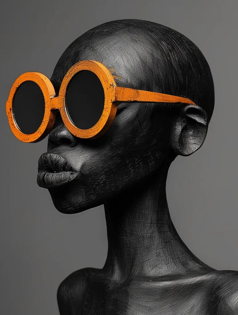 A black and white photograph of a person with a wooden textured face and neck. They are wearing round, orange-rimmed sunglasses and are looking to the side. The background is a plain, grey color. The image is a striking contrast of light and dark. The overall mood is one of mystery and intrigue.