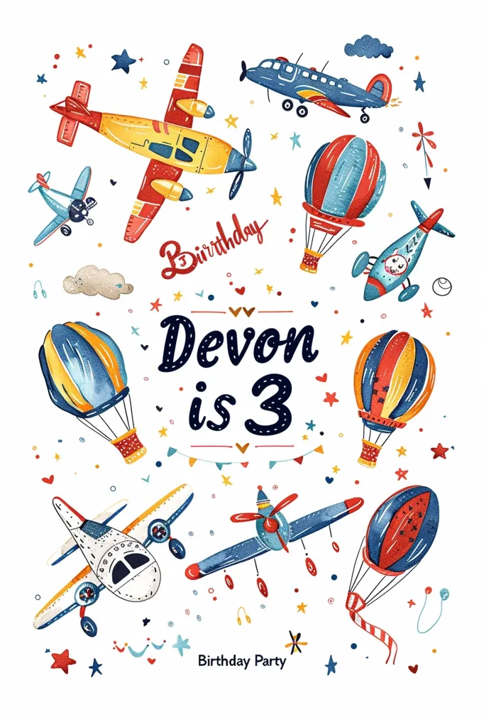 The image is a birthday invitation for a boy named Devon who is turning three. It features a colorful design with airplanes and hot air balloons, surrounded by stars and hearts. The invitation says "Devon is 3" and "Birthday Party". The design is playful and festive, perfect for a child's birthday party.