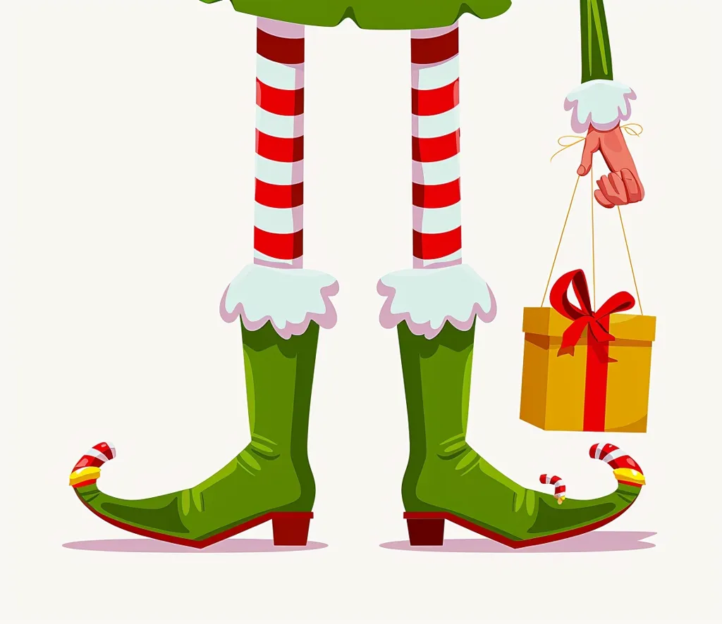 The image shows the lower half of an elf, with green, red, and white striped stockings and green pointed shoes with candy cane accents. The elf is holding a golden gift box with a red bow with his right hand. The background is white. The elf looks like he is going to deliver the gift to someone.  The image is cartoonish in style.