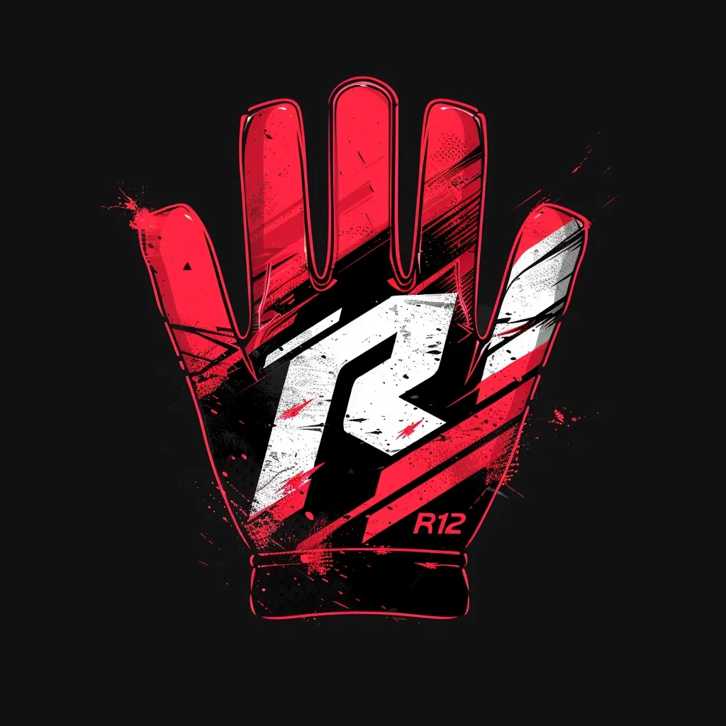 The image features a stylized, red and white racing glove with a prominent "R" logo in the center. The glove is depicted against a black background, with splashes of paint adding a dynamic and edgy feel. The "R12" lettering is visible at the bottom of the glove, suggesting a brand or model name. The design is bold and graphic, evoking a sense of speed and adrenaline.