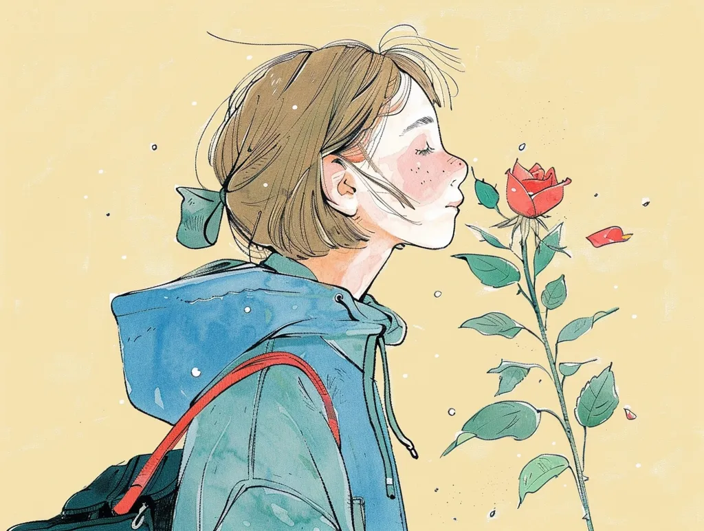 The illustration depicts a young woman with short brown hair, wearing a blue hooded jacket and a red strap on her bag. She is  looking at and smelling a single red rose with green leaves, against a light yellow background. The image evokes a sense of delicate beauty and the simple pleasures of nature.  The soft lines and muted colors create a calming atmosphere.