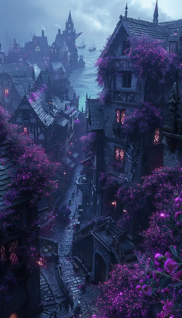A picturesque medieval city bathed in a soft purple glow. The cobblestone streets wind their way through the buildings, which are adorned with lush greenery and blooming flowers. In the distance, ships sail on the water, adding to the sense of mystery and wonder. The scene is both enchanting and slightly eerie, making it a perfect setting for a fantasy story.